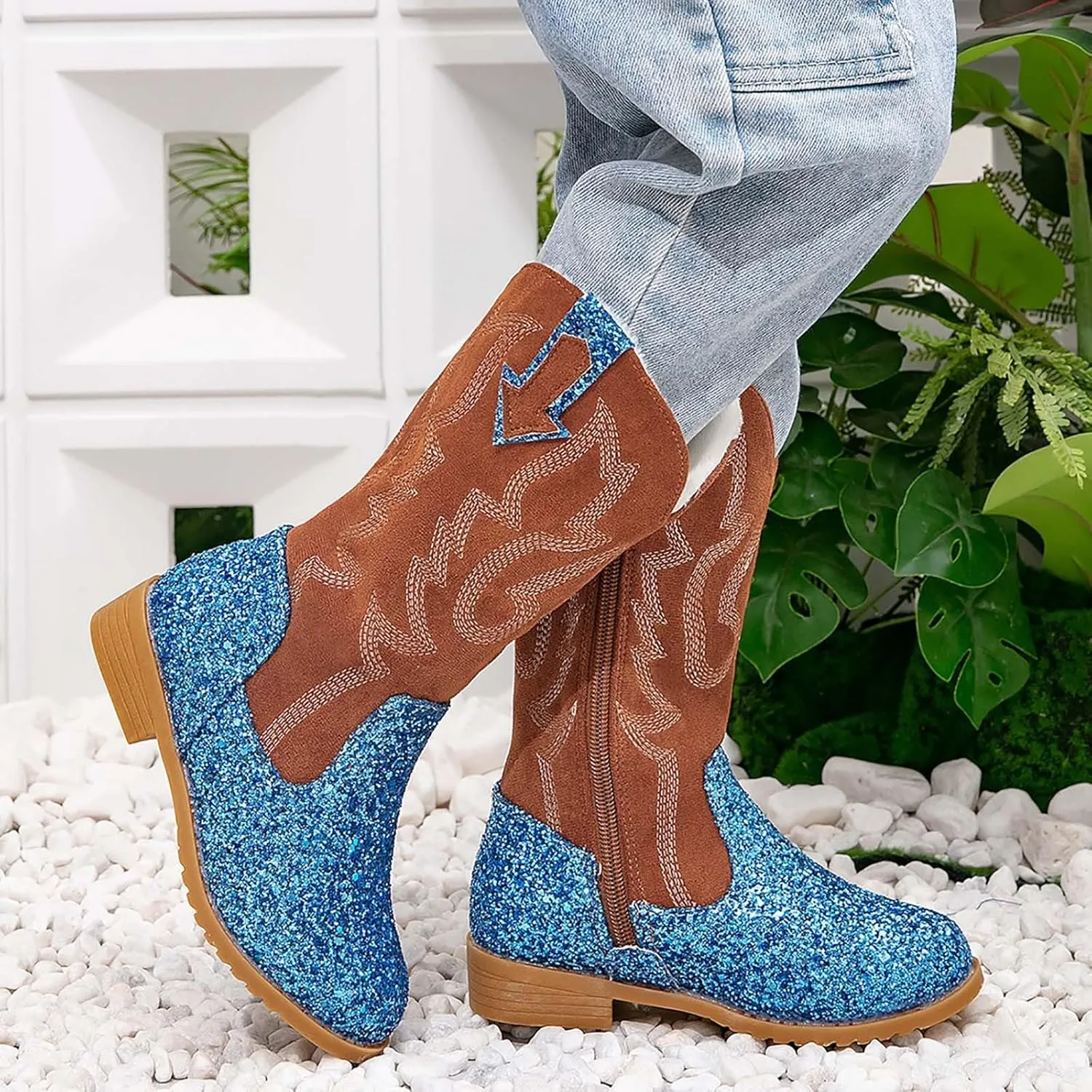 Girls Cowgirl Boots Mid Calf Square Toe Western Boot for Kids Glitter Cowboy Boots Party Toddler Girls Riding Shoes