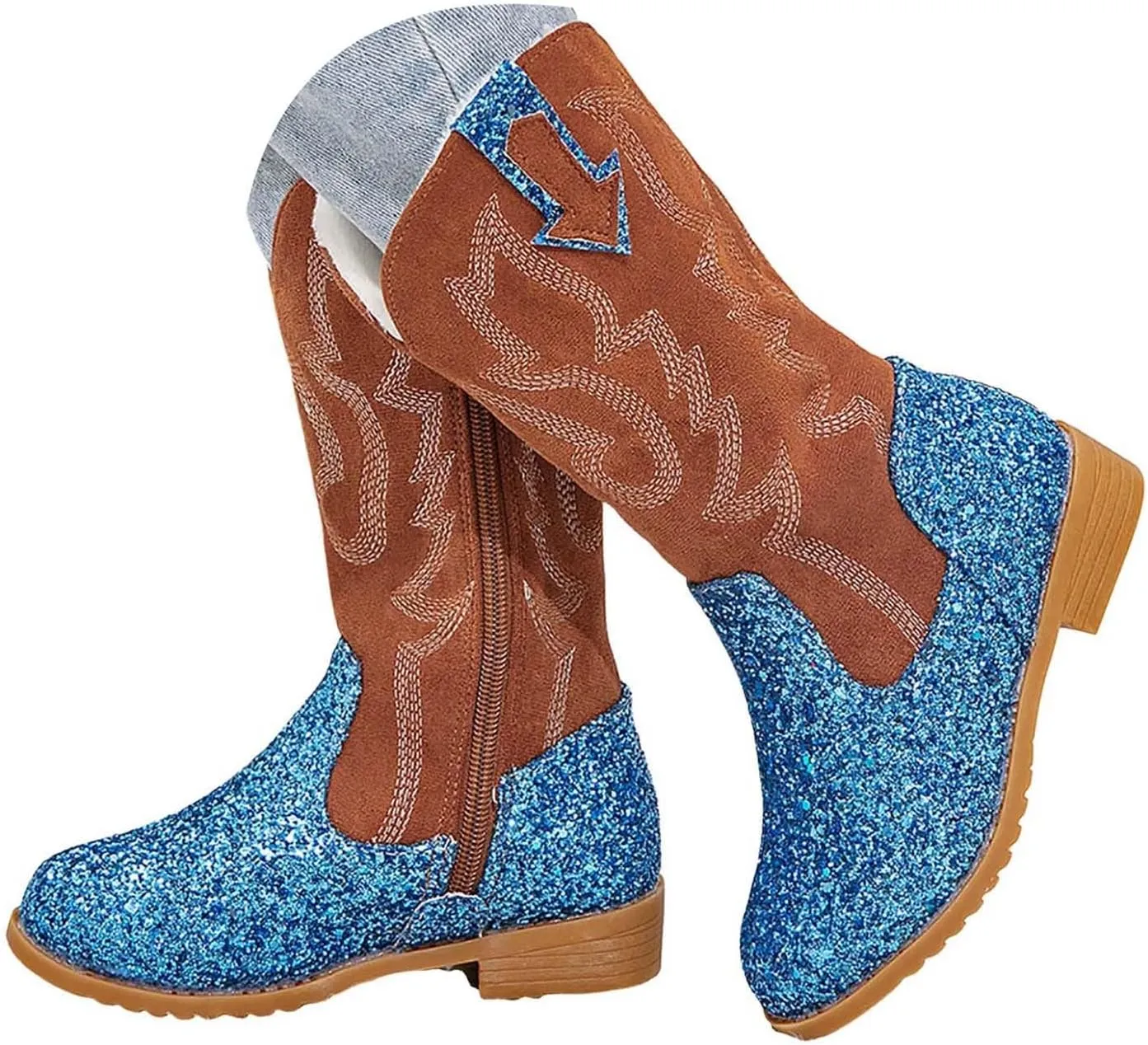 Girls Cowgirl Boots Mid Calf Square Toe Western Boot for Kids Glitter Cowboy Boots Party Toddler Girls Riding Shoes