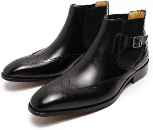 HOOENG Chelsea Boots for Men Win Tip Elastic Sided Buckle Crocodile Carven Brogue Bright Toe Monk Belt Waterproof Slip on Anti-Slip Non Slip Work (Color : Black, Size : 10.5)