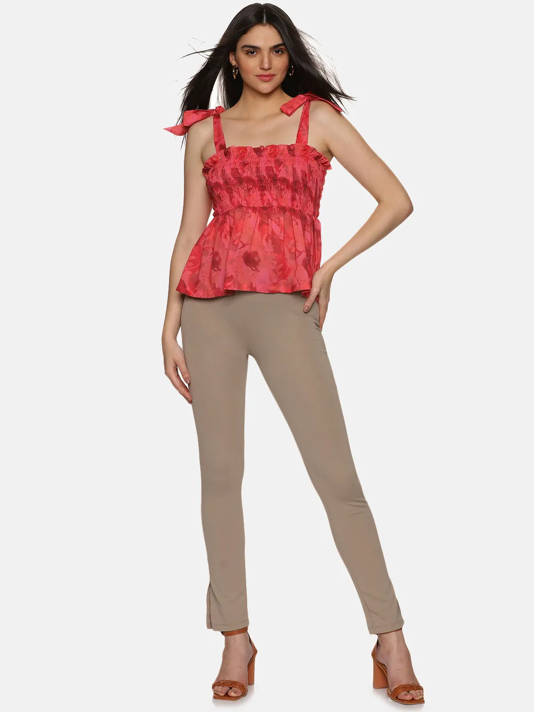 IS.U Abstract Red Tie-Up Peplum Top