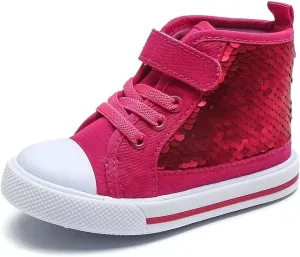 JOEupin Toddler Unisex Classic Sequins Canvas Sneaker High Top Slip On Denim Glitter Casual Shoe Sparkle Flip Walking Shoes
