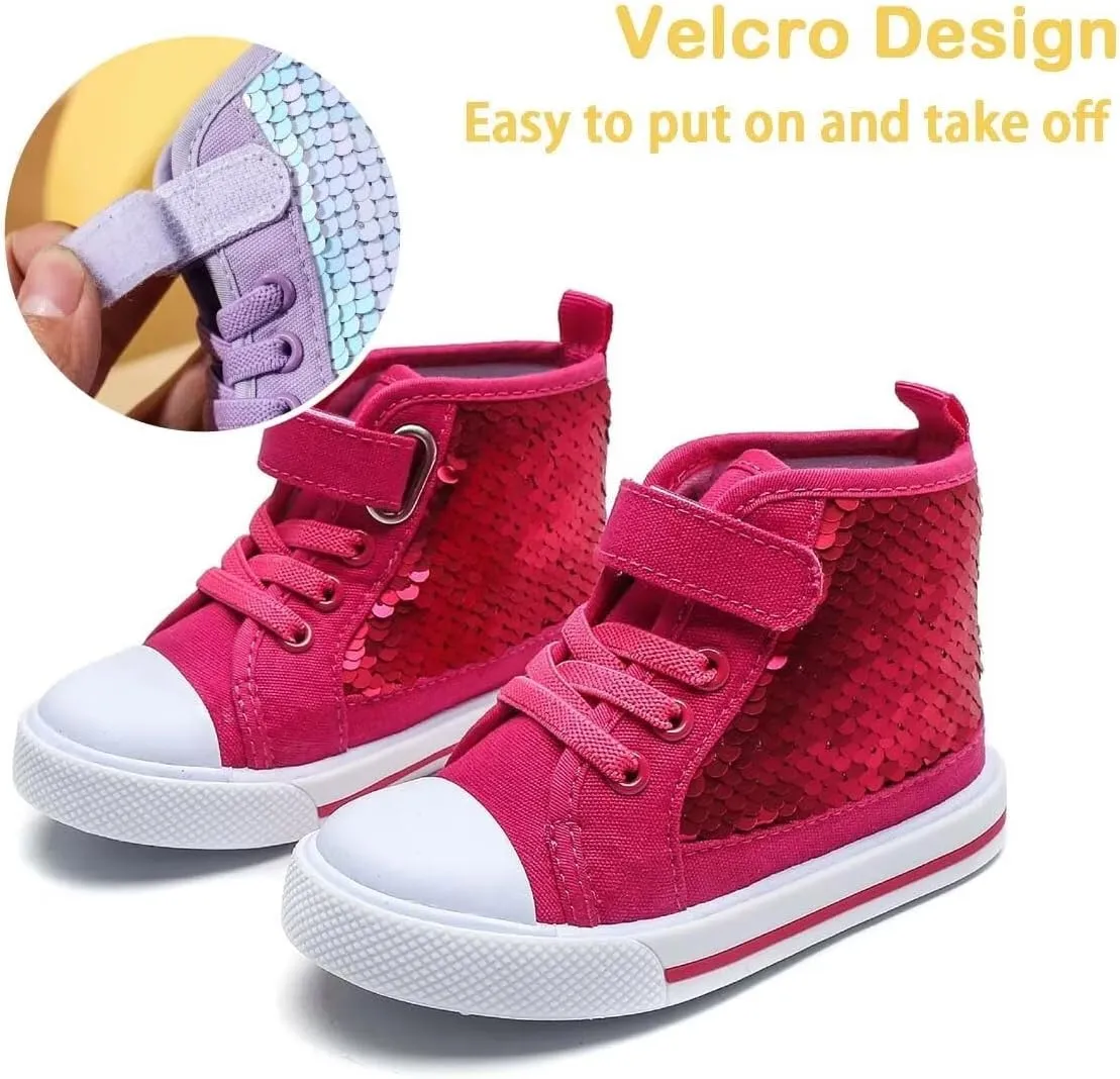 JOEupin Toddler Unisex Classic Sequins Canvas Sneaker High Top Slip On Denim Glitter Casual Shoe Sparkle Flip Walking Shoes
