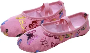 JUODVMP Pink Girls's Ballet Shoes Butterfly Partern Canvas Ballet Slippers,Suitable for Girls/Toddler/Little Girls