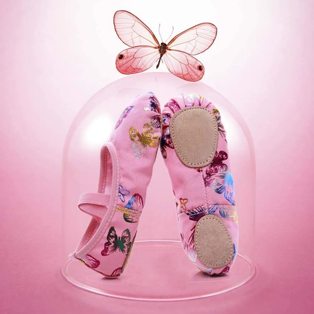 JUODVMP Pink Girls's Ballet Shoes Butterfly Partern Canvas Ballet Slippers,Suitable for Girls/Toddler/Little Girls