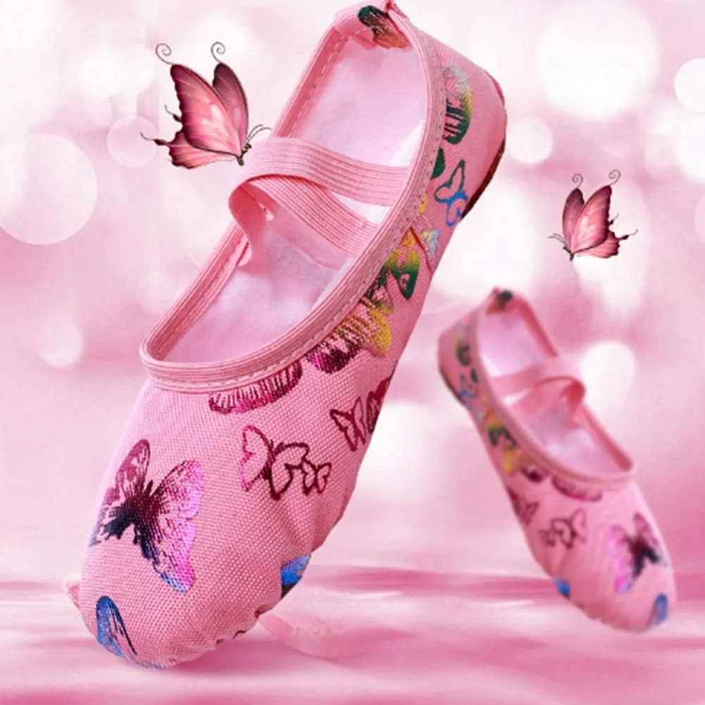 JUODVMP Pink Girls's Ballet Shoes Butterfly Partern Canvas Ballet Slippers,Suitable for Girls/Toddler/Little Girls