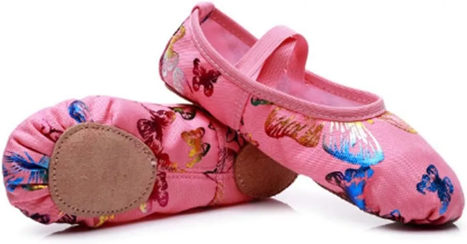 JUODVMP Pink Girls's Ballet Shoes Butterfly Partern Canvas Ballet Slippers,Suitable for Girls/Toddler/Little Girls