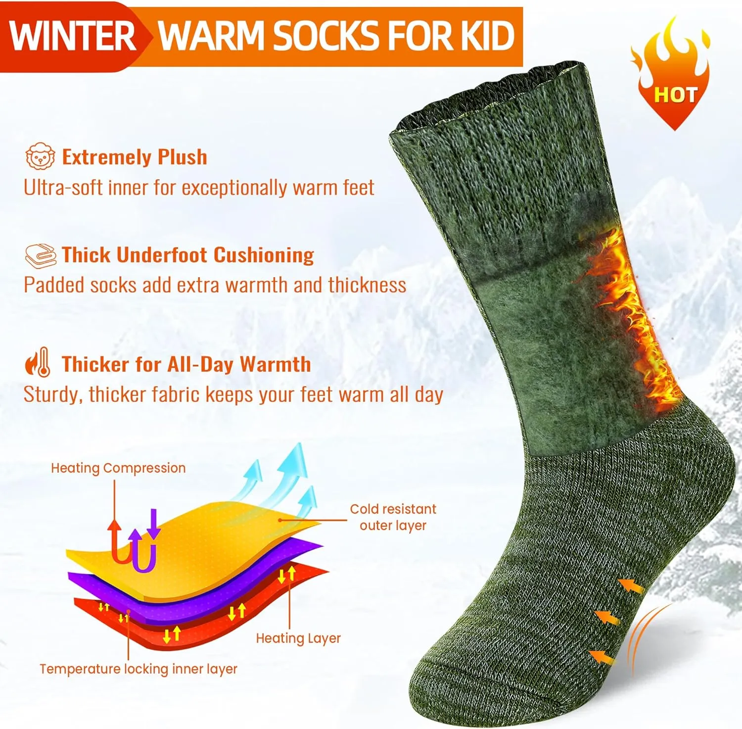 Kids Warm Thermal Socks for Toddler Boy Girls Winter Ski Thick Insulated Heated Boot Socks for Extreme Cold Weather 4 Pairs