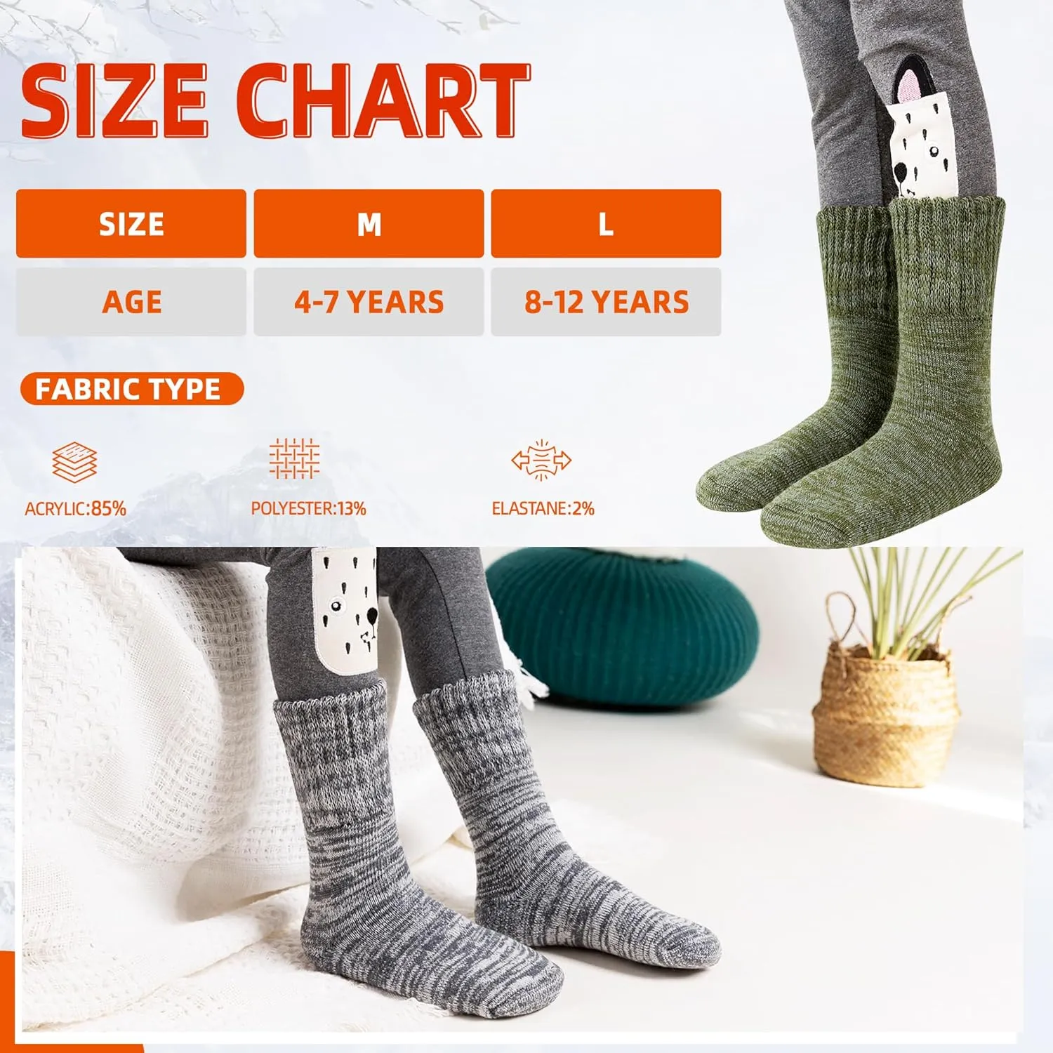 Kids Warm Thermal Socks for Toddler Boy Girls Winter Ski Thick Insulated Heated Boot Socks for Extreme Cold Weather 4 Pairs