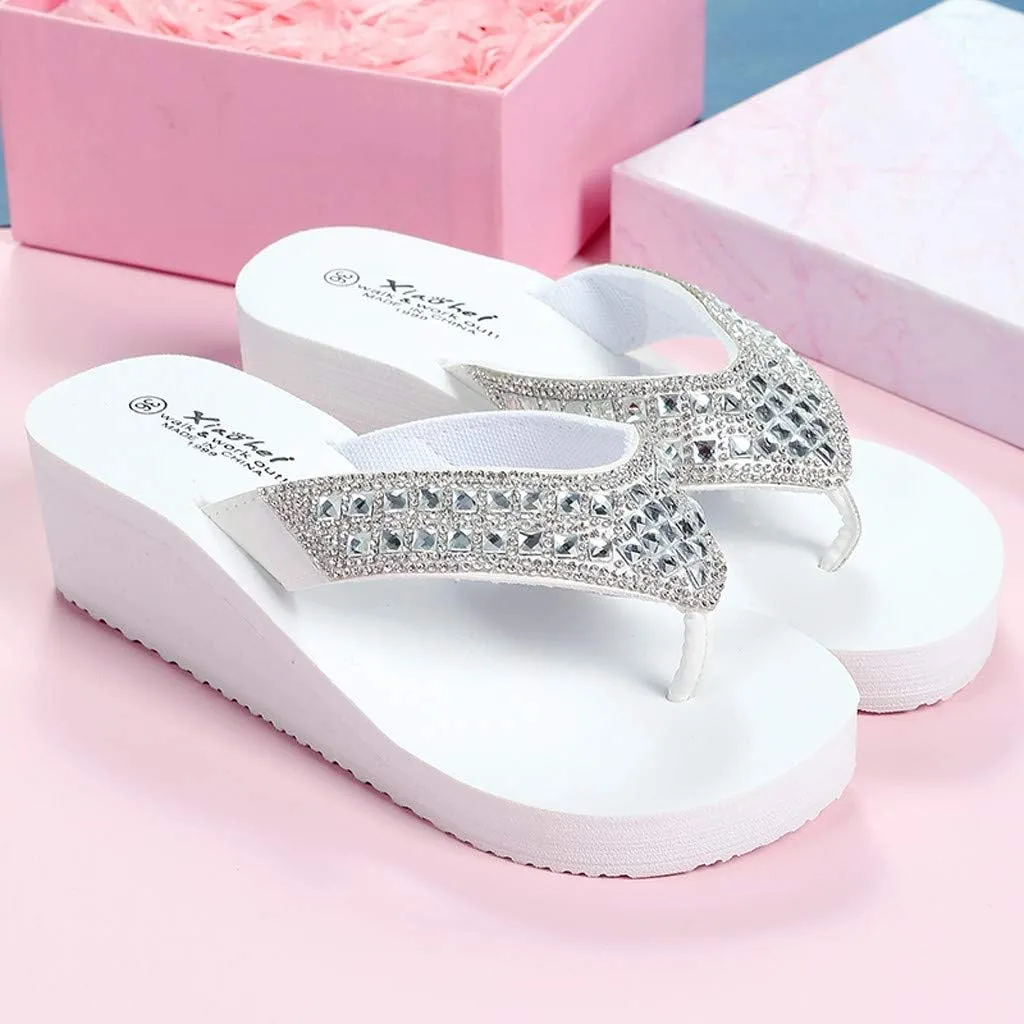 Ladies Comfortable Walking Thong Beach Rhinestones Shoes Summer Casual Women's Wedges Slippers Flops Fashion Flip