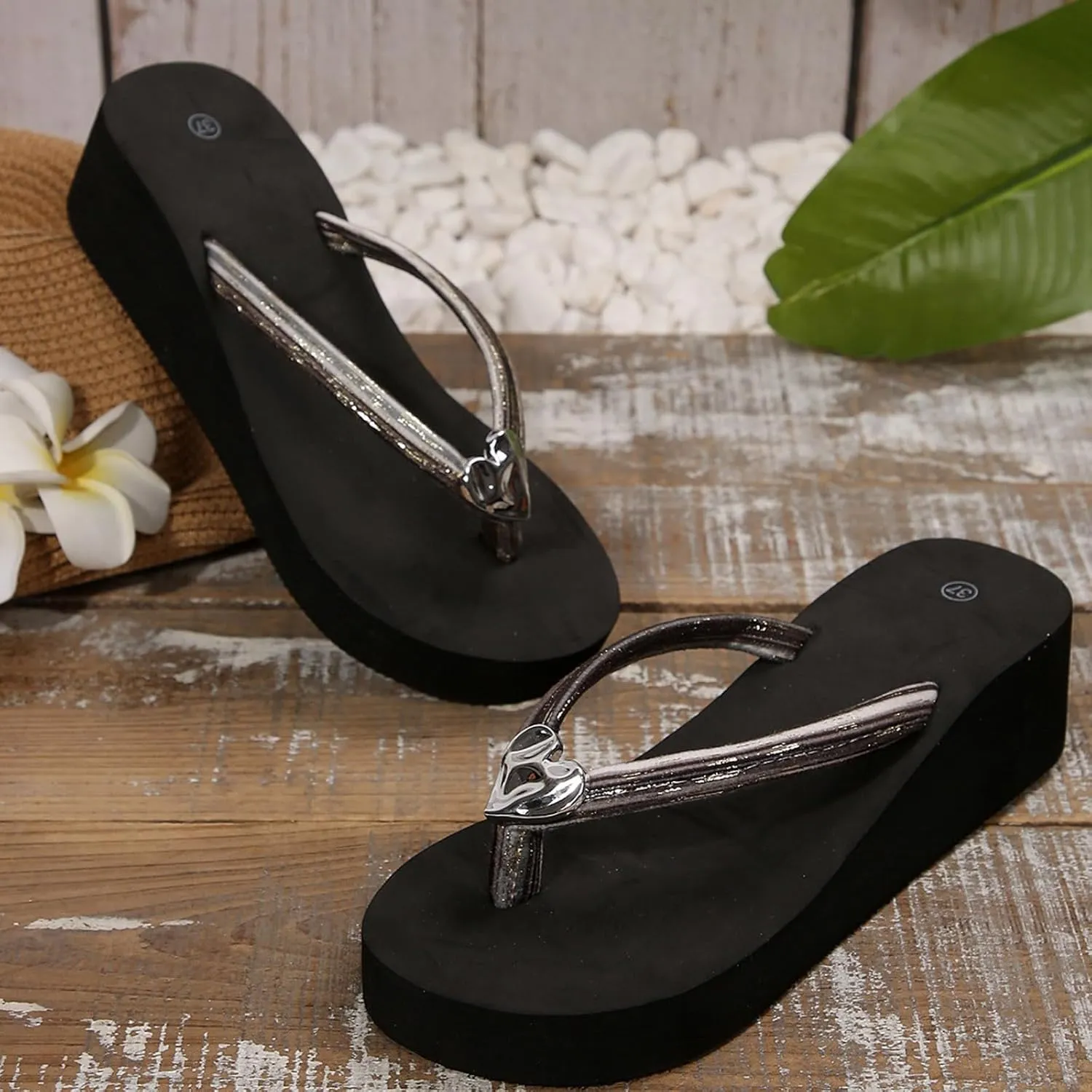 Ladies Comfortable Walking Thong Women's Thick Bottom Wedge Heel Thick Bottom Flip Flops Beach Slippers With Love Shiny
