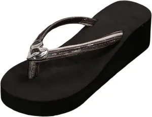 Ladies Comfortable Walking Thong Women's Thick Bottom Wedge Heel Thick Bottom Flip Flops Beach Slippers With Love Shiny