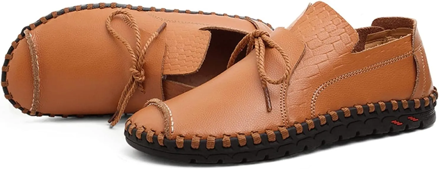 Men's Driving Loafer Genuine Leather Lace Up Penny Moccasins Shoes with Hand Stitching