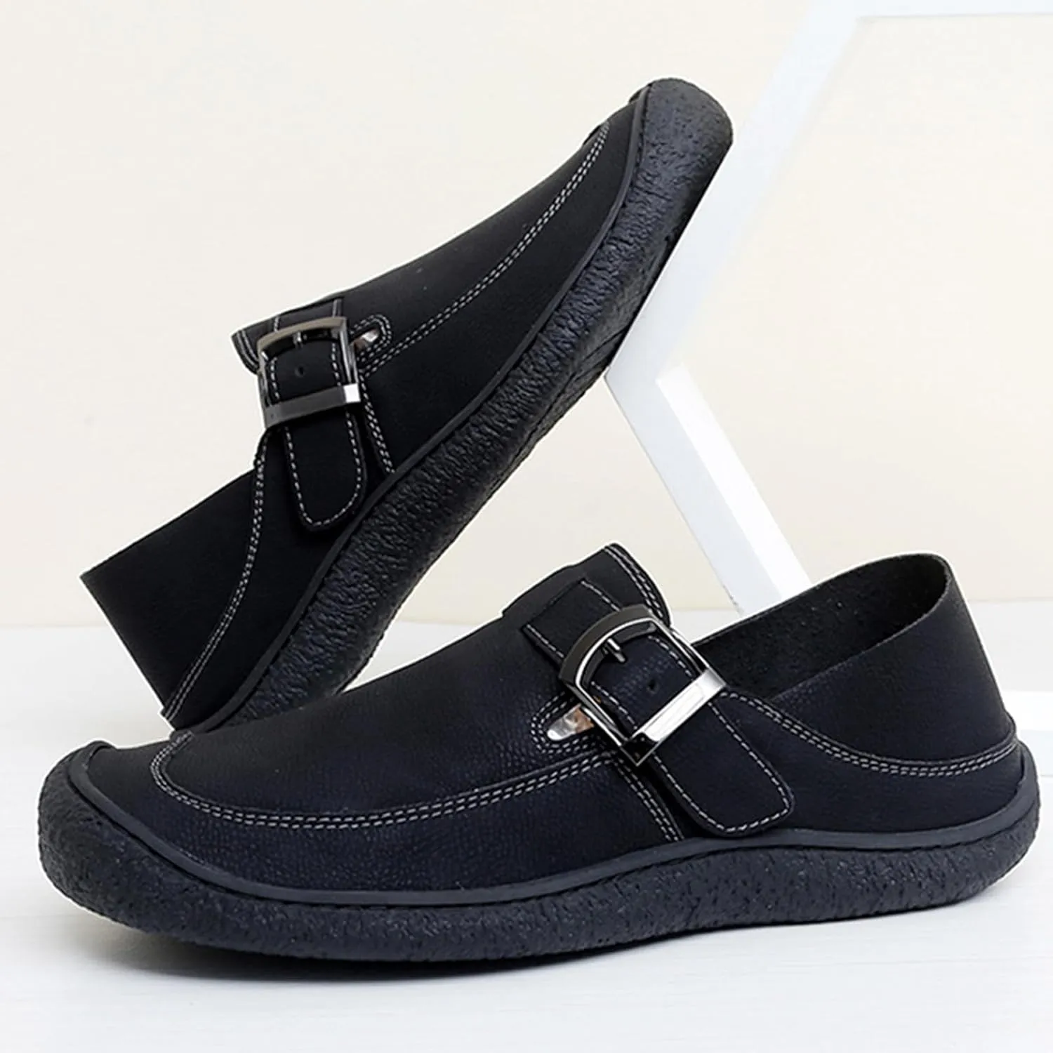Men's Genuine Leather Monk Buckle Flat Driving Loafers Classic Round Toe Hand-Sewn Soft Sole Non-Slip Wear-Resistant Lightweight Casual Shoes Daily Work Shoes