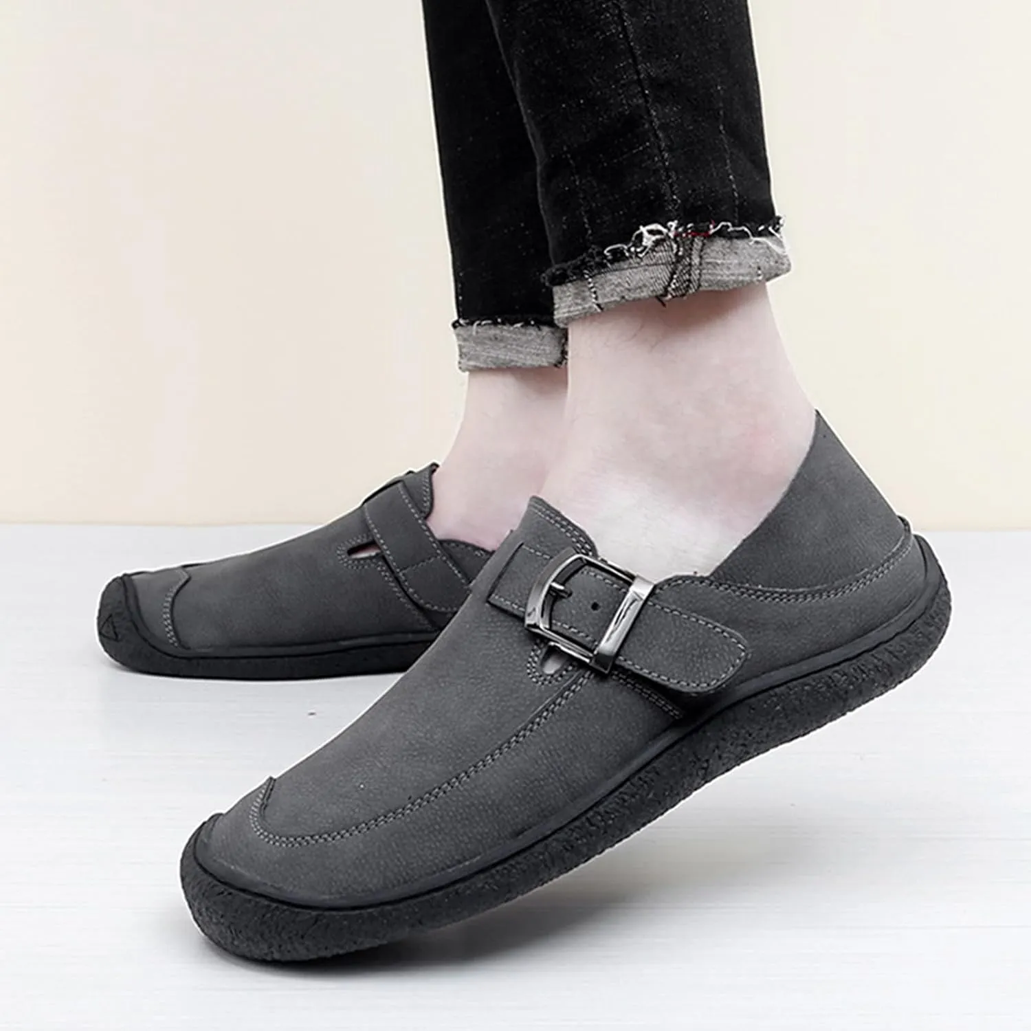 Men's Genuine Leather Monk Buckle Flat Driving Loafers Classic Round Toe Hand-Sewn Soft Sole Non-Slip Wear-Resistant Lightweight Casual Shoes Daily Work Shoes