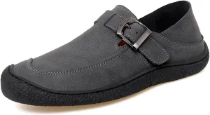Men's Genuine Leather Monk Buckle Flat Driving Loafers Classic Round Toe Hand-Sewn Soft Sole Non-Slip Wear-Resistant Lightweight Casual Shoes Daily Work Shoes