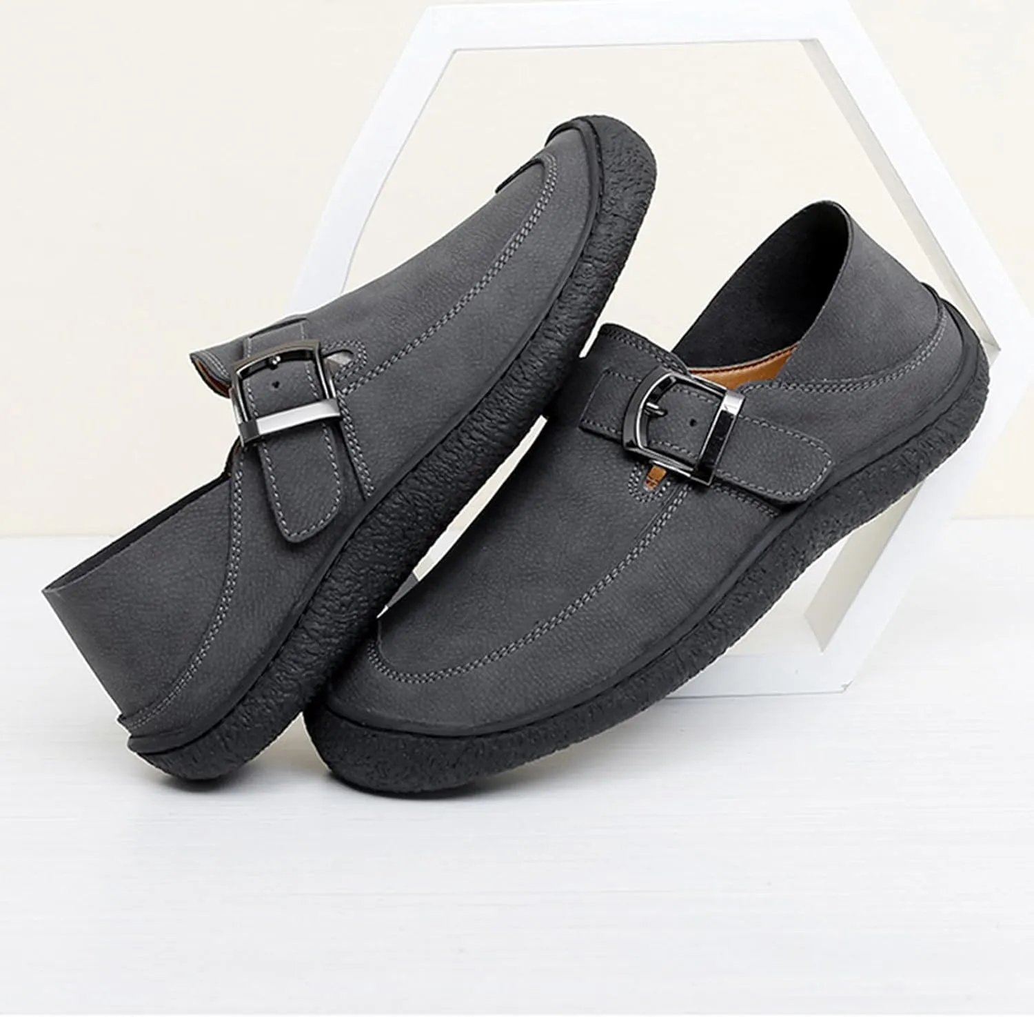 Men's Genuine Leather Monk Buckle Flat Driving Loafers Classic Round Toe Hand-Sewn Soft Sole Non-Slip Wear-Resistant Lightweight Casual Shoes Daily Work Shoes