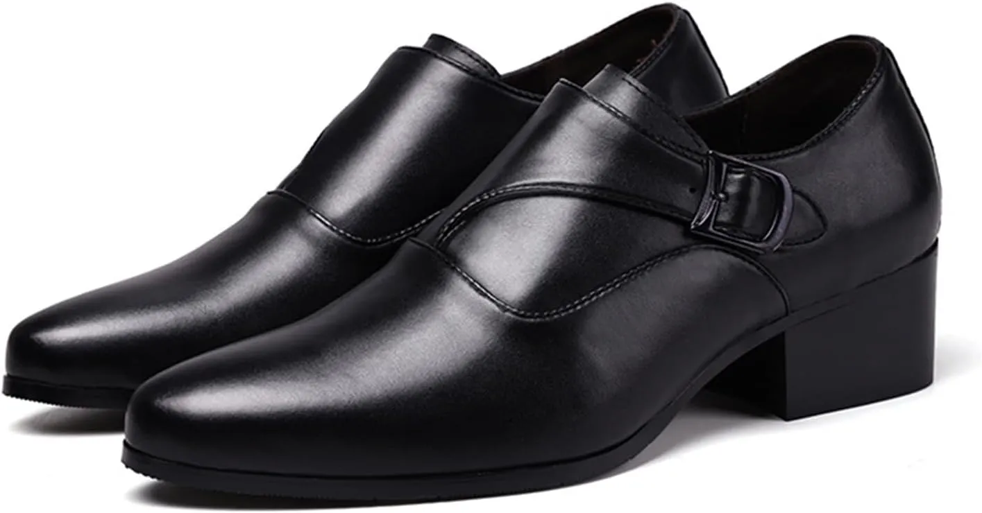 Men's Genuine Leather Slip On Block Heel Casual Loafers Fashion Monk Buckle Comfortable Non Slip Chunky Heel Dress Shoes for Dating Prom Business