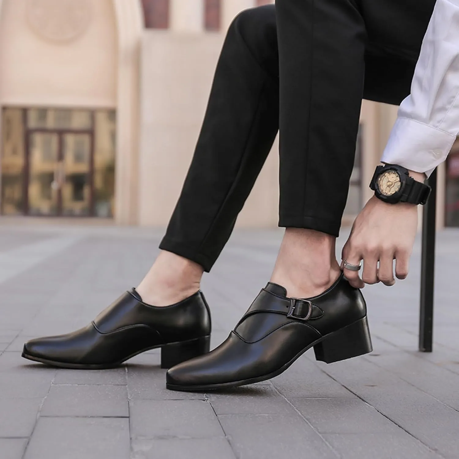 Men's Genuine Leather Slip On Block Heel Casual Loafers Fashion Monk Buckle Comfortable Non Slip Chunky Heel Dress Shoes for Dating Prom Business