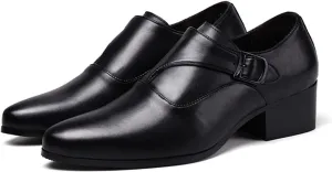 Men's Genuine Leather Slip On Block Heel Casual Loafers Fashion Monk Buckle Comfortable Non Slip Chunky Heel Dress Shoes for Dating Prom Business