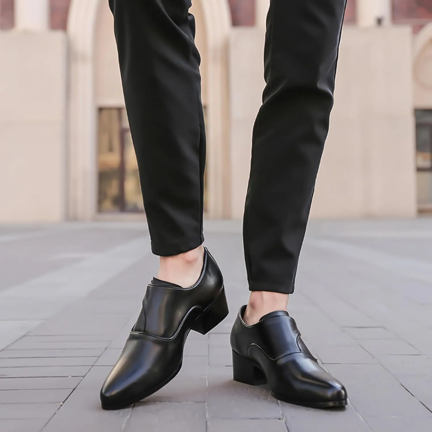 Men's Genuine Leather Slip On Block Heel Casual Loafers Fashion Monk Buckle Comfortable Non Slip Chunky Heel Dress Shoes for Dating Prom Business
