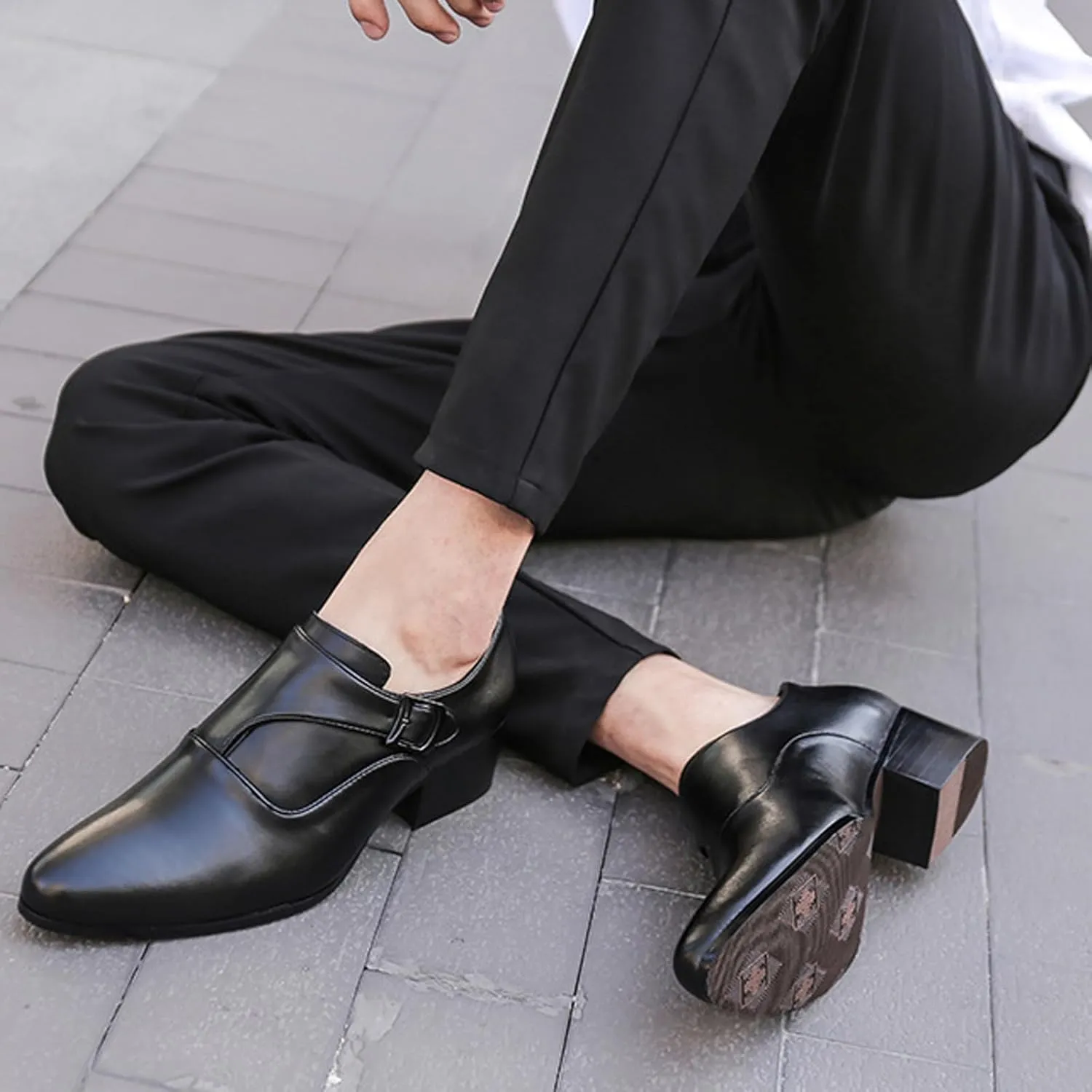 Men's Genuine Leather Slip On Block Heel Casual Loafers Fashion Monk Buckle Comfortable Non Slip Chunky Heel Dress Shoes for Dating Prom Business