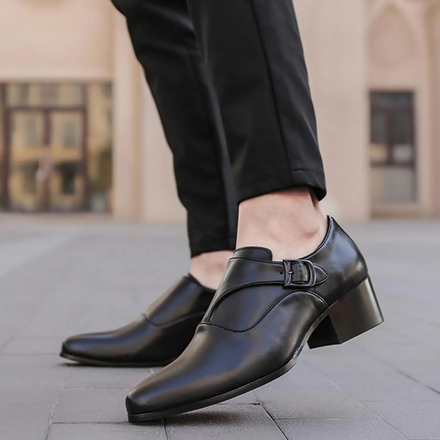 Men's Genuine Leather Slip On Block Heel Casual Loafers Fashion Monk Buckle Comfortable Non Slip Chunky Heel Dress Shoes for Dating Prom Business