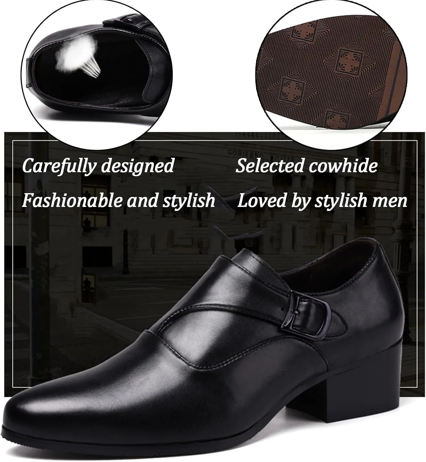 Men's Genuine Leather Slip On Block Heel Casual Loafers Fashion Monk Buckle Comfortable Non Slip Chunky Heel Dress Shoes for Dating Prom Business