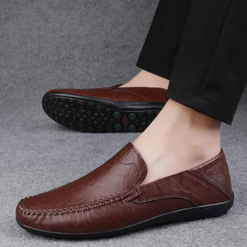 Men's Leather Slip-On Loafers, Casual Driving Moccasins, Flat Oxfords, Brown,Black