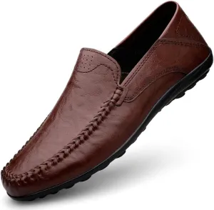 Men's Leather Slip-On Loafers, Casual Driving Moccasins, Flat Oxfords, Brown,Black