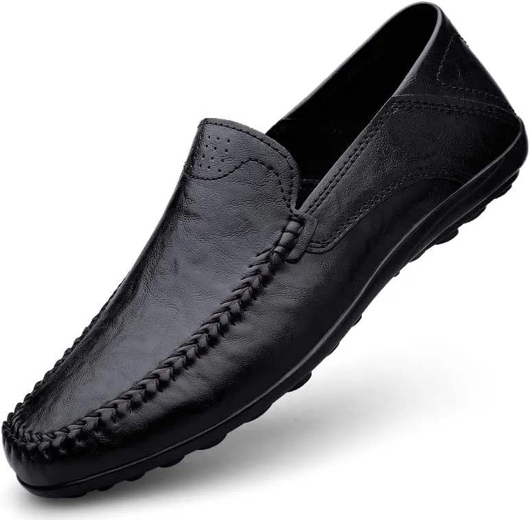 Men's Leather Slip-On Loafers, Casual Driving Moccasins, Flat Oxfords, Brown,Black