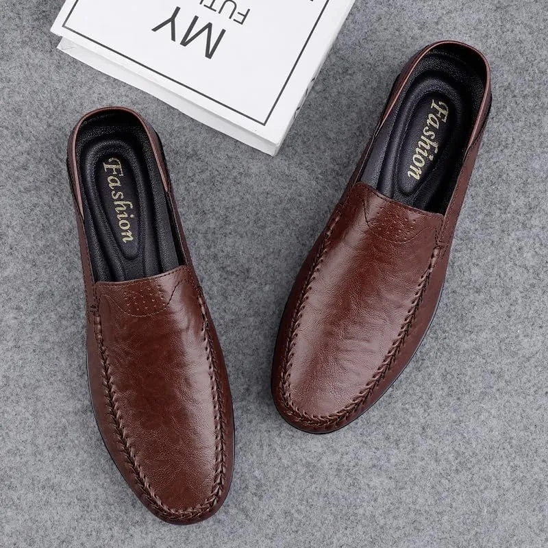 Men's Leather Slip-On Loafers, Casual Driving Moccasins, Flat Oxfords, Brown,Black