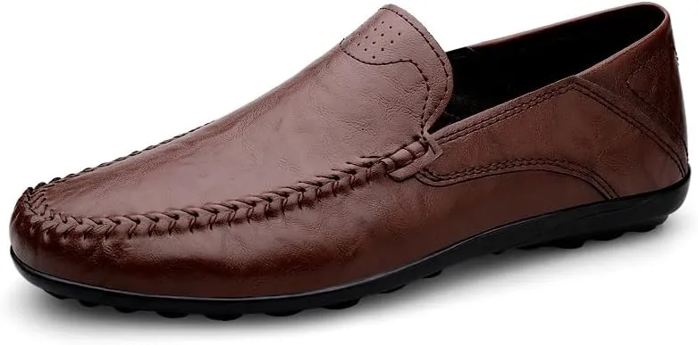 Men's Leather Slip-On Loafers, Casual Driving Moccasins, Flat Oxfords, Brown,Black