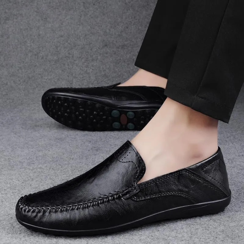 Men's Leather Slip-On Loafers, Casual Driving Moccasins, Flat Oxfords, Brown,Black