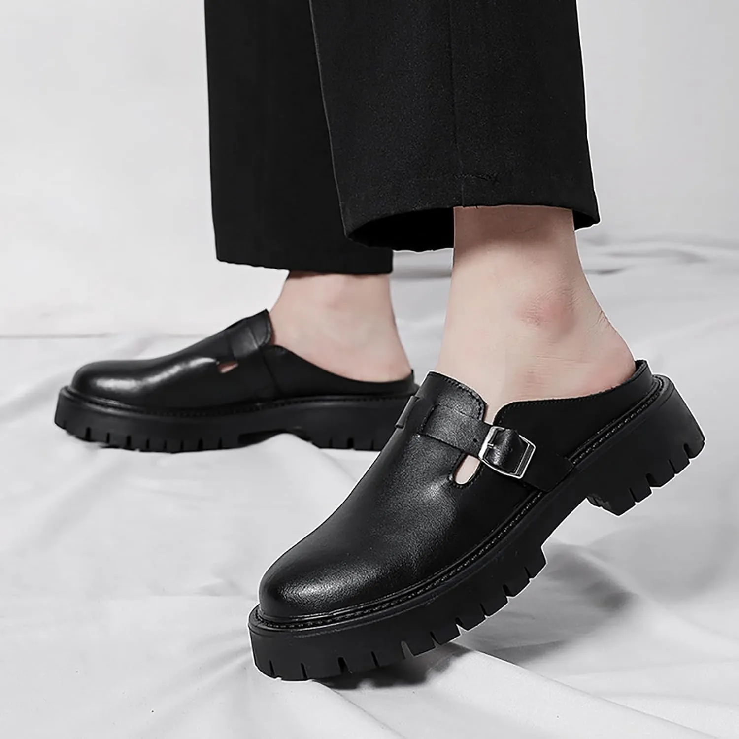 Men??S Monk Buckle Lug Sole Dress Mules Slippers Leather Slip-On Comfortable Non-Slip Backless Loafers Fashion Round Closed-Toe Outdoor Platform Business Clogs