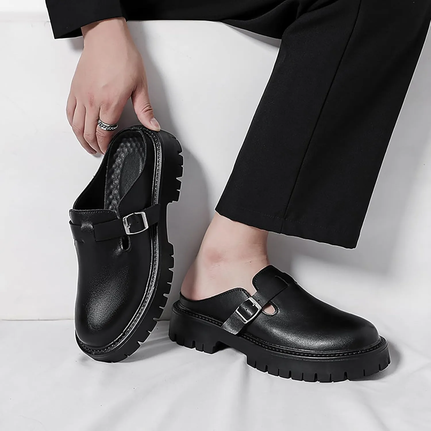 Men??S Monk Buckle Lug Sole Dress Mules Slippers Leather Slip-On Comfortable Non-Slip Backless Loafers Fashion Round Closed-Toe Outdoor Platform Business Clogs