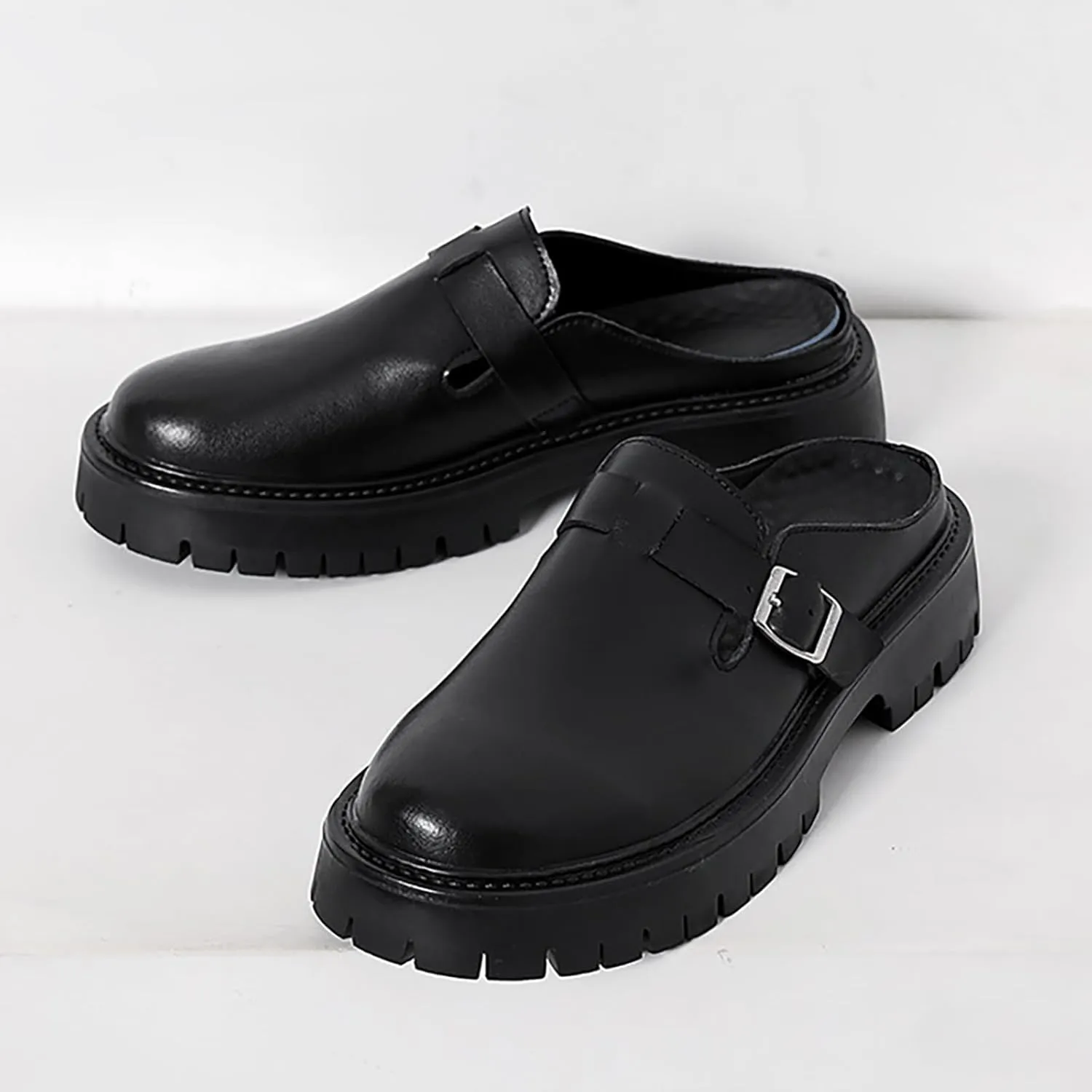 Men??S Monk Buckle Lug Sole Dress Mules Slippers Leather Slip-On Comfortable Non-Slip Backless Loafers Fashion Round Closed-Toe Outdoor Platform Business Clogs