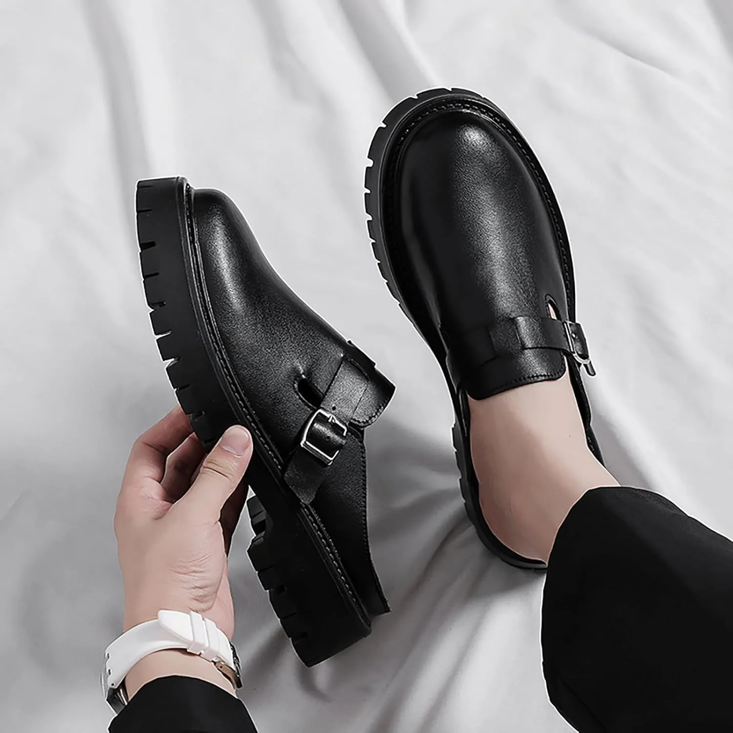 Men??S Monk Buckle Lug Sole Dress Mules Slippers Leather Slip-On Comfortable Non-Slip Backless Loafers Fashion Round Closed-Toe Outdoor Platform Business Clogs