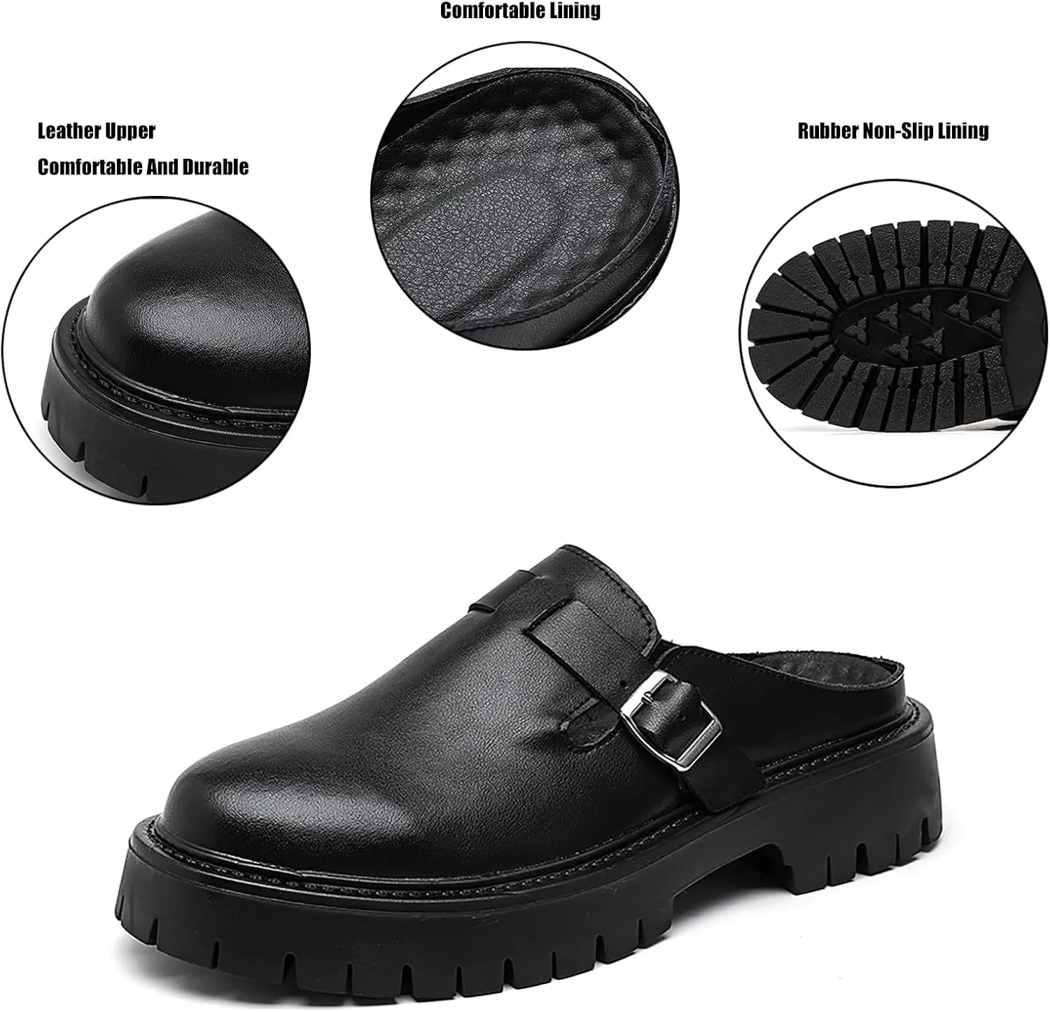 Men??S Monk Buckle Lug Sole Dress Mules Slippers Leather Slip-On Comfortable Non-Slip Backless Loafers Fashion Round Closed-Toe Outdoor Platform Business Clogs