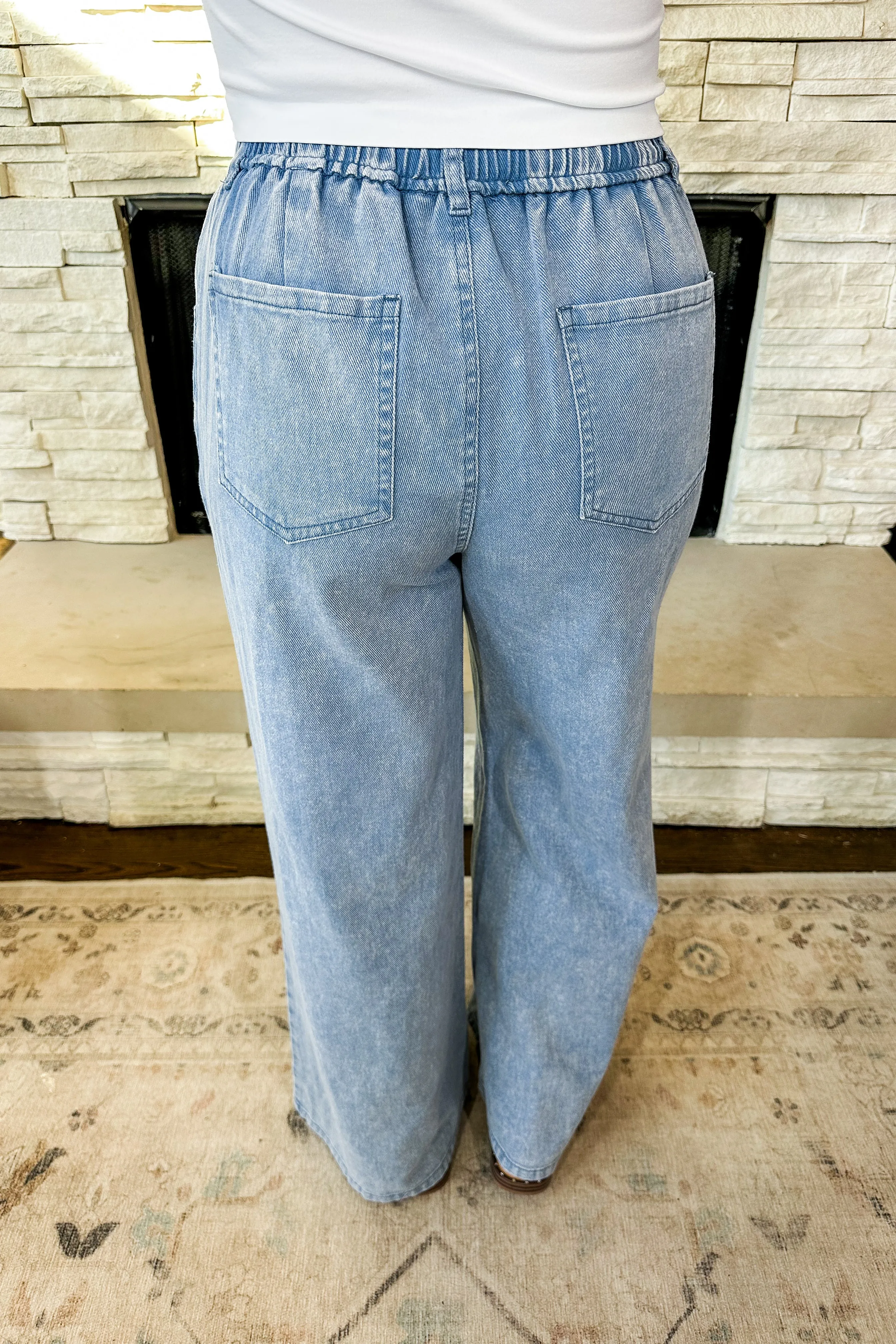 Mineral Wash Drawstring Tie Chambray Wide Leg Pants