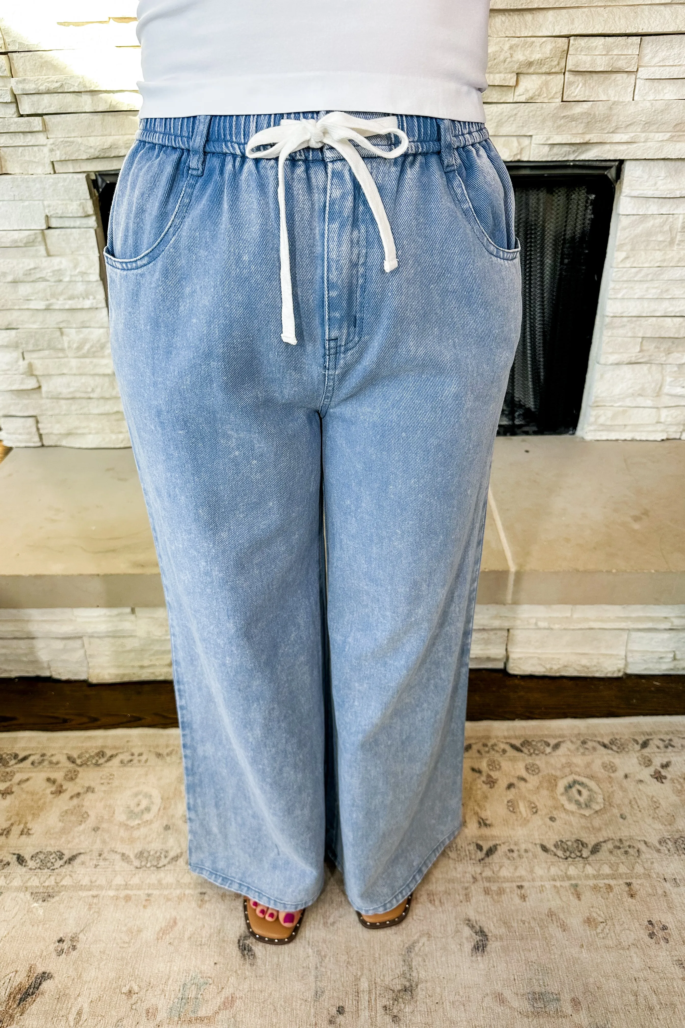 Mineral Wash Drawstring Tie Chambray Wide Leg Pants