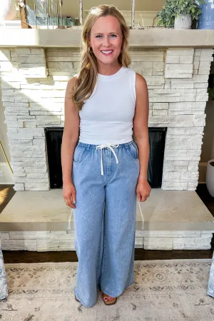 Mineral Wash Drawstring Tie Chambray Wide Leg Pants