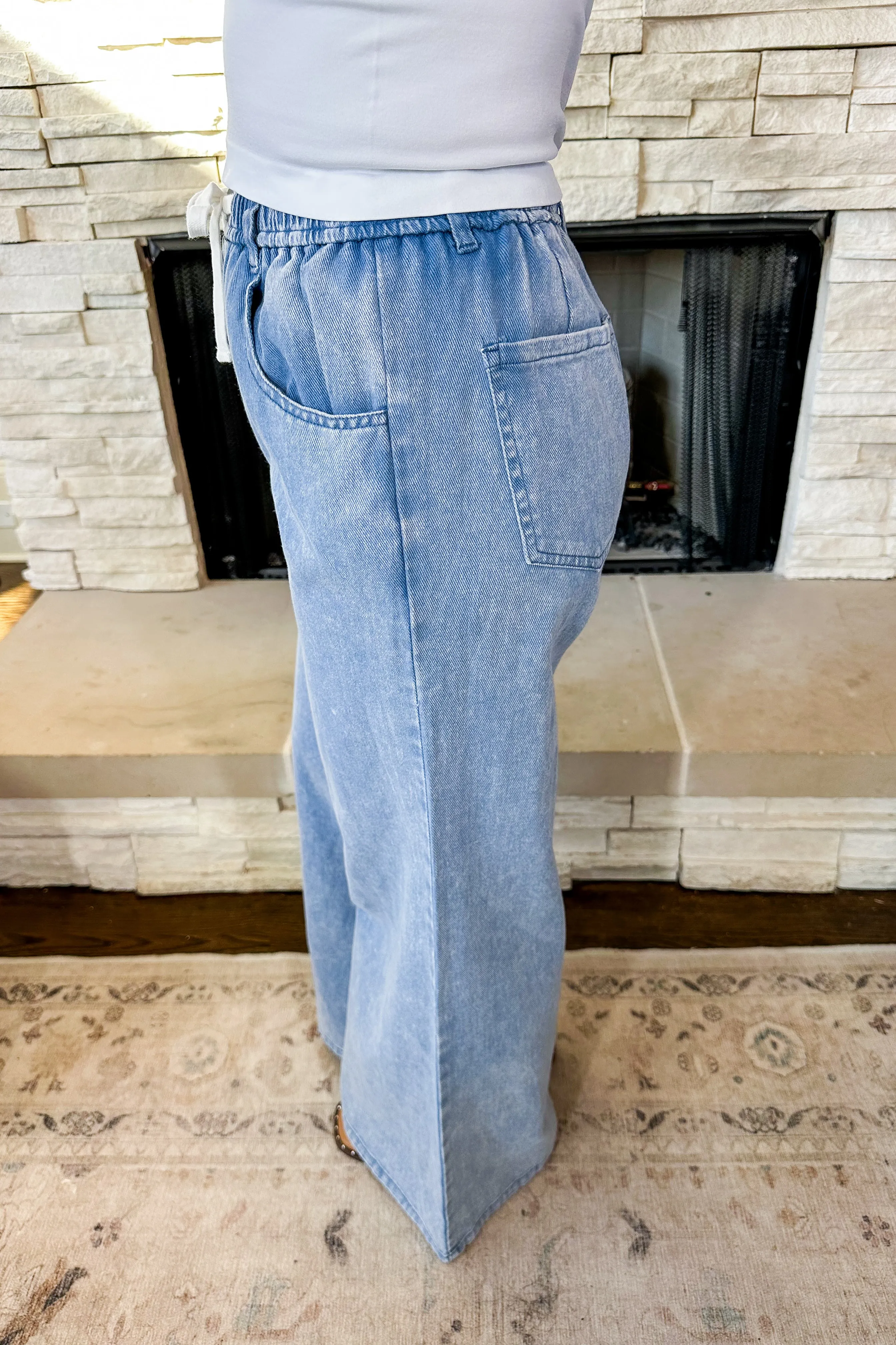 Mineral Wash Drawstring Tie Chambray Wide Leg Pants
