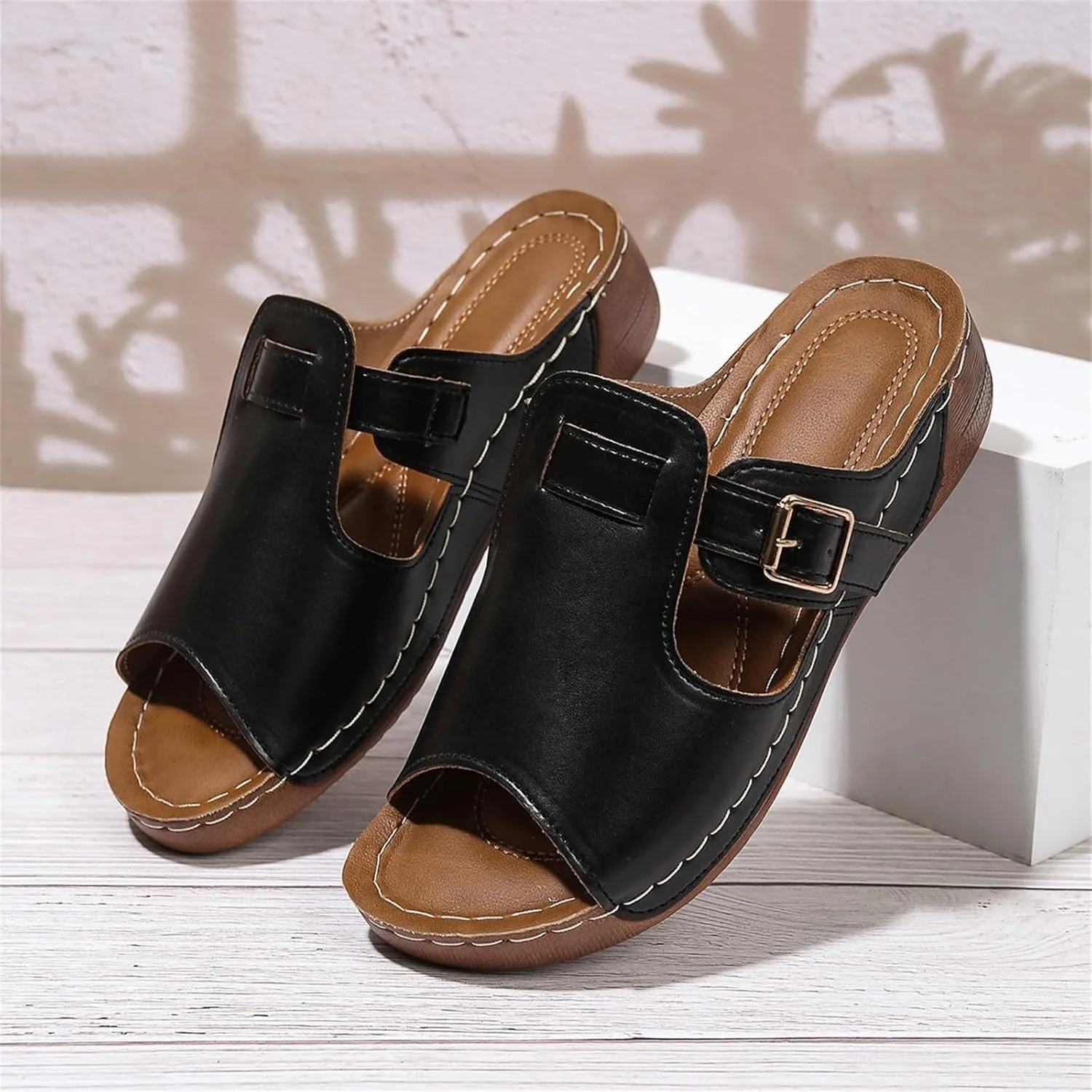 Mules for Women 2025 Comfortable Wide Width Wedge Sandals Summer Buckle Adjustable Strap Sandals Orthopedic Leather Peep Toe Shoes Hollow Out Platform Slip On Vacation Sandal