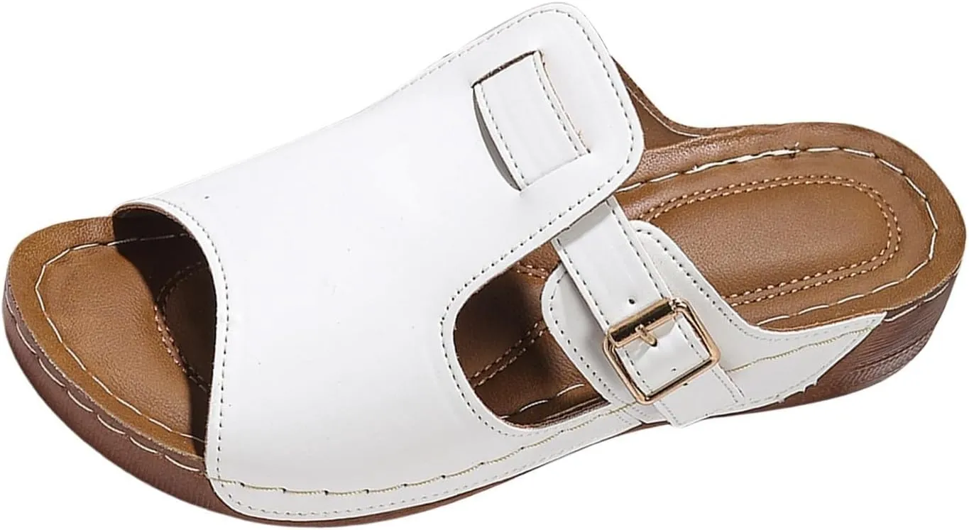 Mules for Women 2025 Comfortable Wide Width Wedge Sandals Summer Buckle Adjustable Strap Sandals Orthopedic Leather Peep Toe Shoes Hollow Out Platform Slip On Vacation Sandal