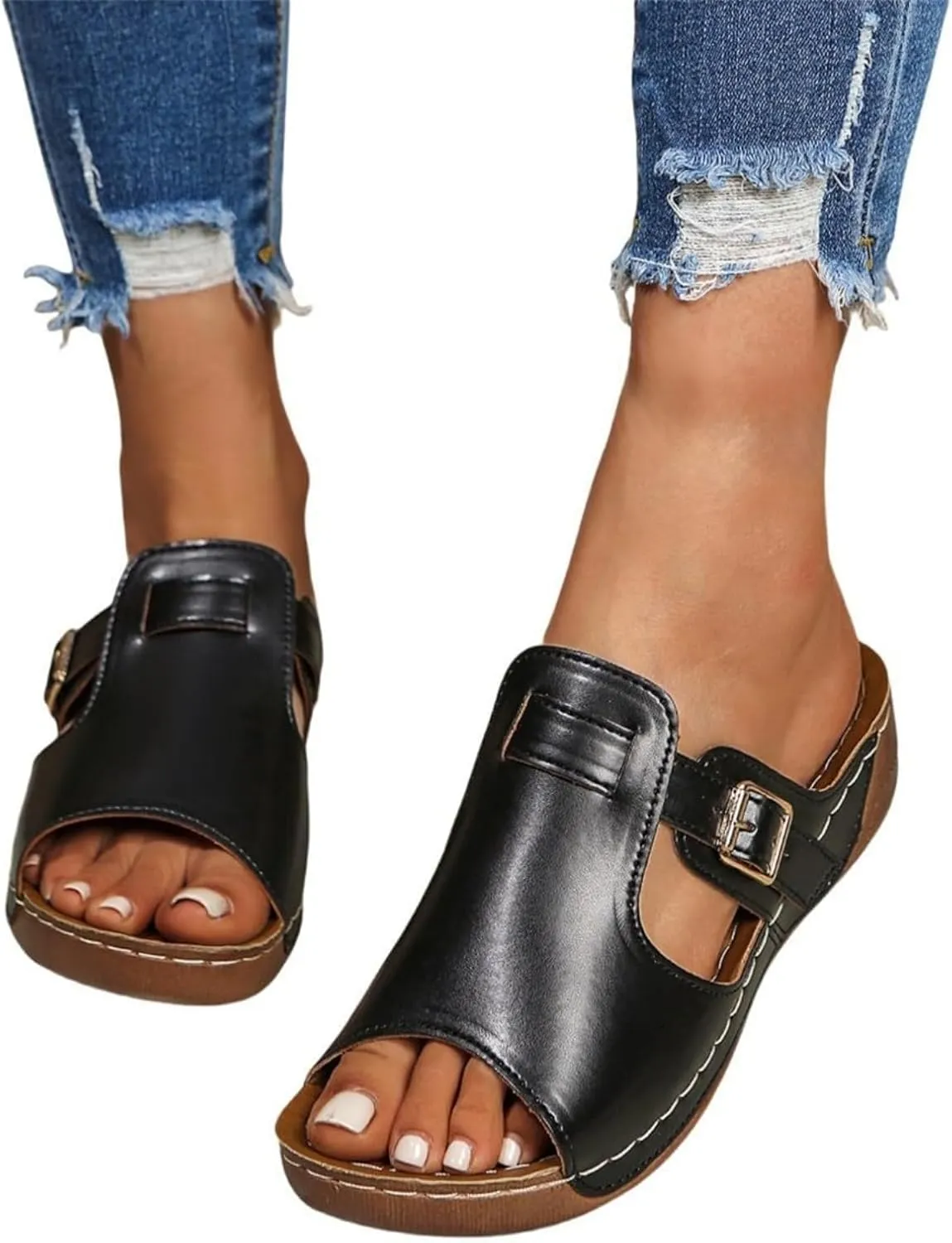 Mules for Women 2025 Comfortable Wide Width Wedge Sandals Summer Buckle Adjustable Strap Sandals Orthopedic Leather Peep Toe Shoes Hollow Out Platform Slip On Vacation Sandal