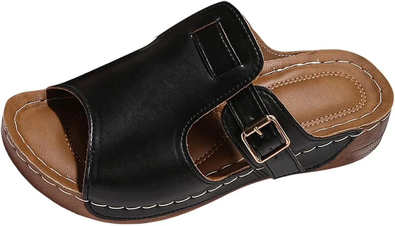Mules for Women 2025 Comfortable Wide Width Wedge Sandals Summer Buckle Adjustable Strap Sandals Orthopedic Leather Peep Toe Shoes Hollow Out Platform Slip On Vacation Sandal