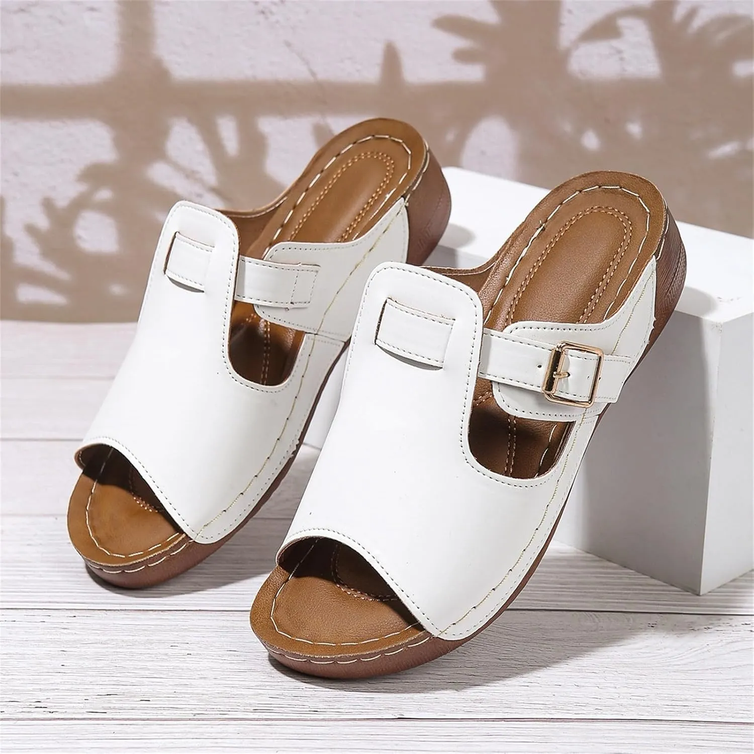 Mules for Women 2025 Comfortable Wide Width Wedge Sandals Summer Buckle Adjustable Strap Sandals Orthopedic Leather Peep Toe Shoes Hollow Out Platform Slip On Vacation Sandal