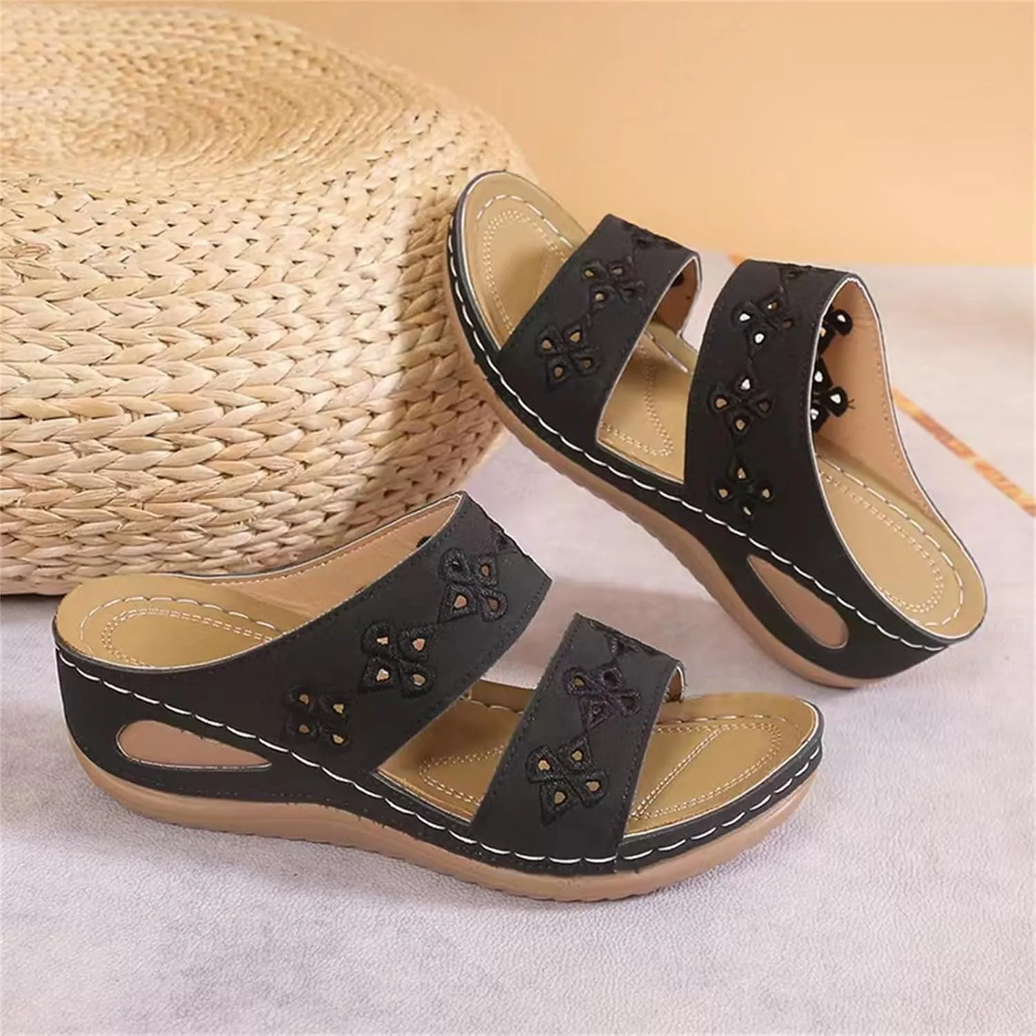 Mules for Women Retro Flower Hollow Platform Slippers Slip On Arch Support Sandals Fish Mouth Open Toe Sandals Summer Comfortable Orthopedic Shoes