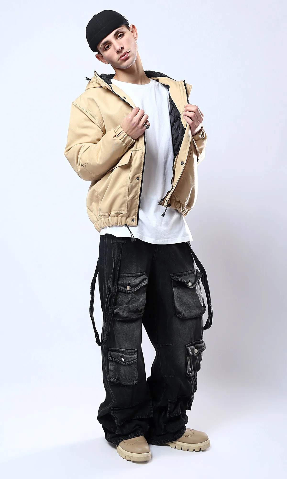 O174459 Hooded Neck Long Sleeves Sand Jacket
