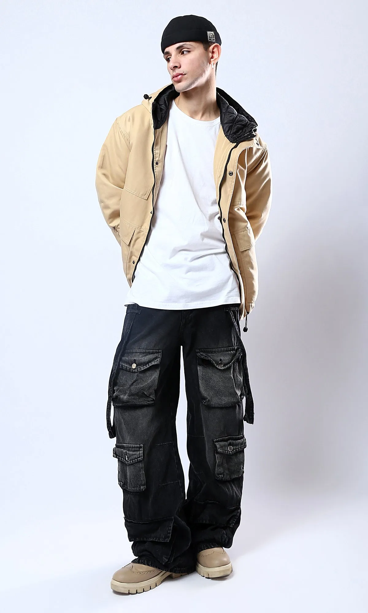 O174459 Hooded Neck Long Sleeves Sand Jacket